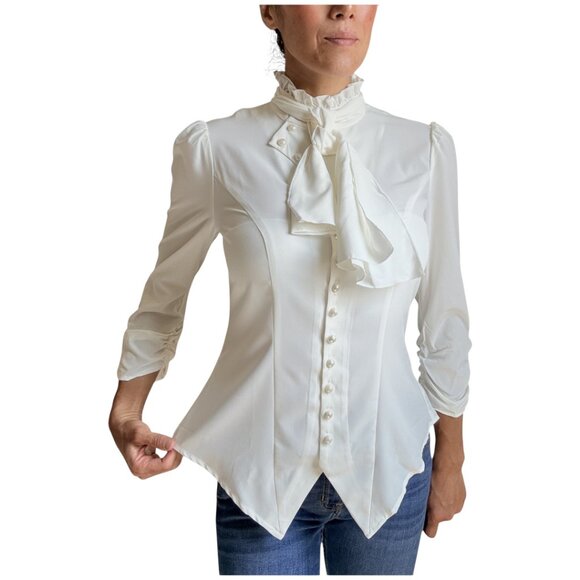Gothic Victorian White Ruffle Blouse – Elegant Steampunk Tie Neck Top - Picture 1 of 12